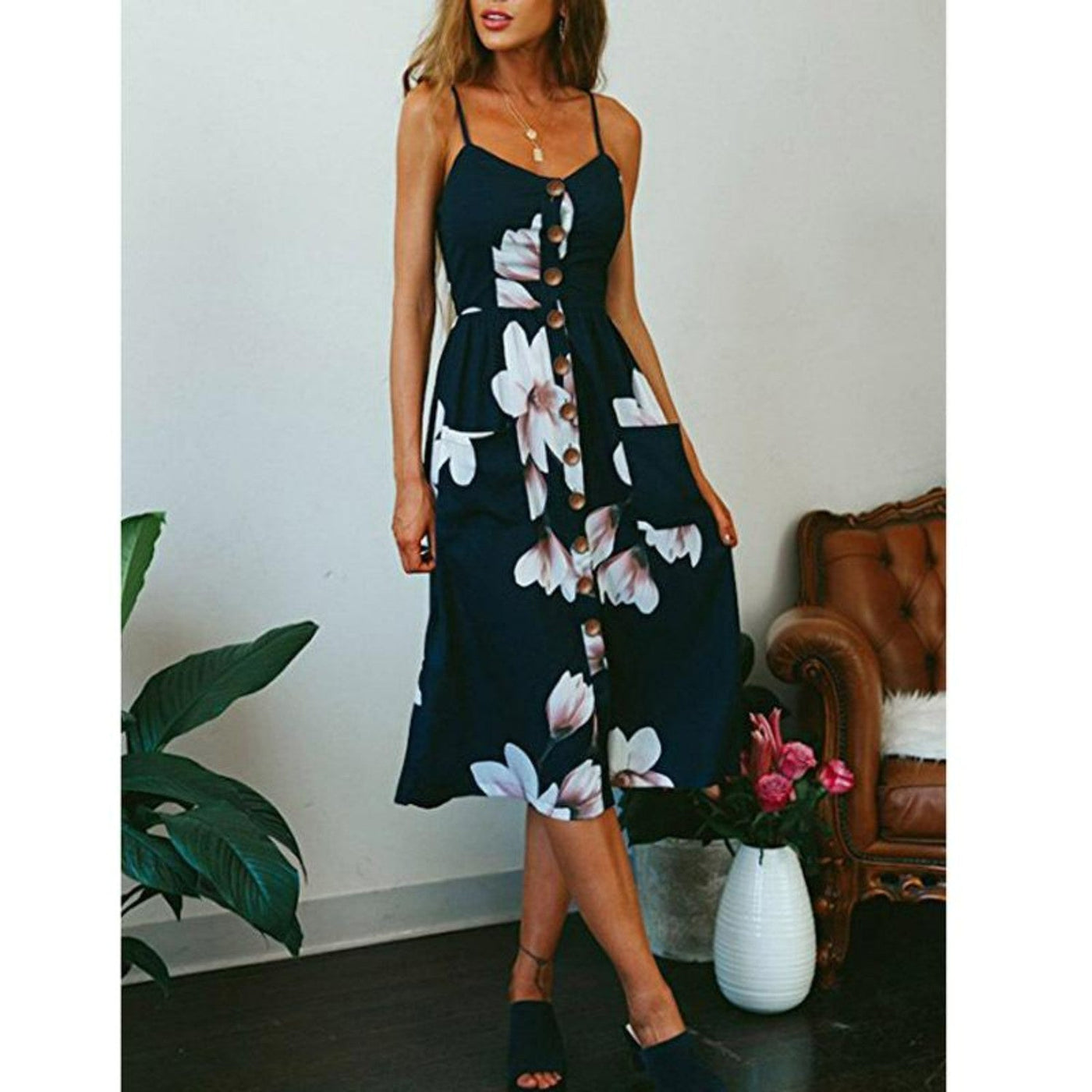 Women's Midi Dress - Sleeveless Spaghetti Straps - Button-Down A-Line Fit