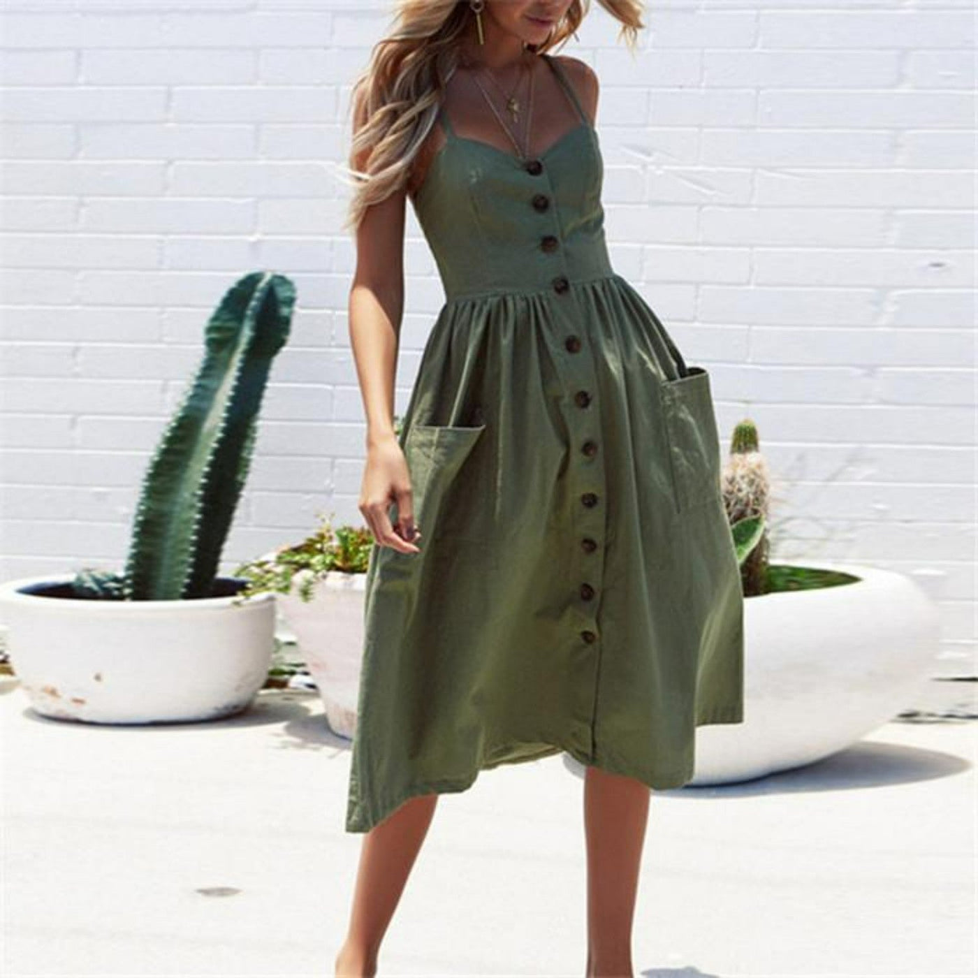 Women's Midi Dress - Sleeveless Spaghetti Straps - Button-Down A-Line Fit