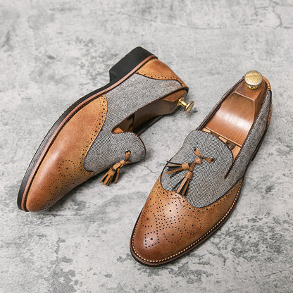 Men’s Loafers - Brogue Detailing - Herringbone Panel - Tassel Slip-On Dress Shoes