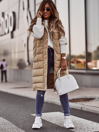 Women’s Quilted Vest – Hooded – Knee Length – Relaxed Fit – Button Front Layering
