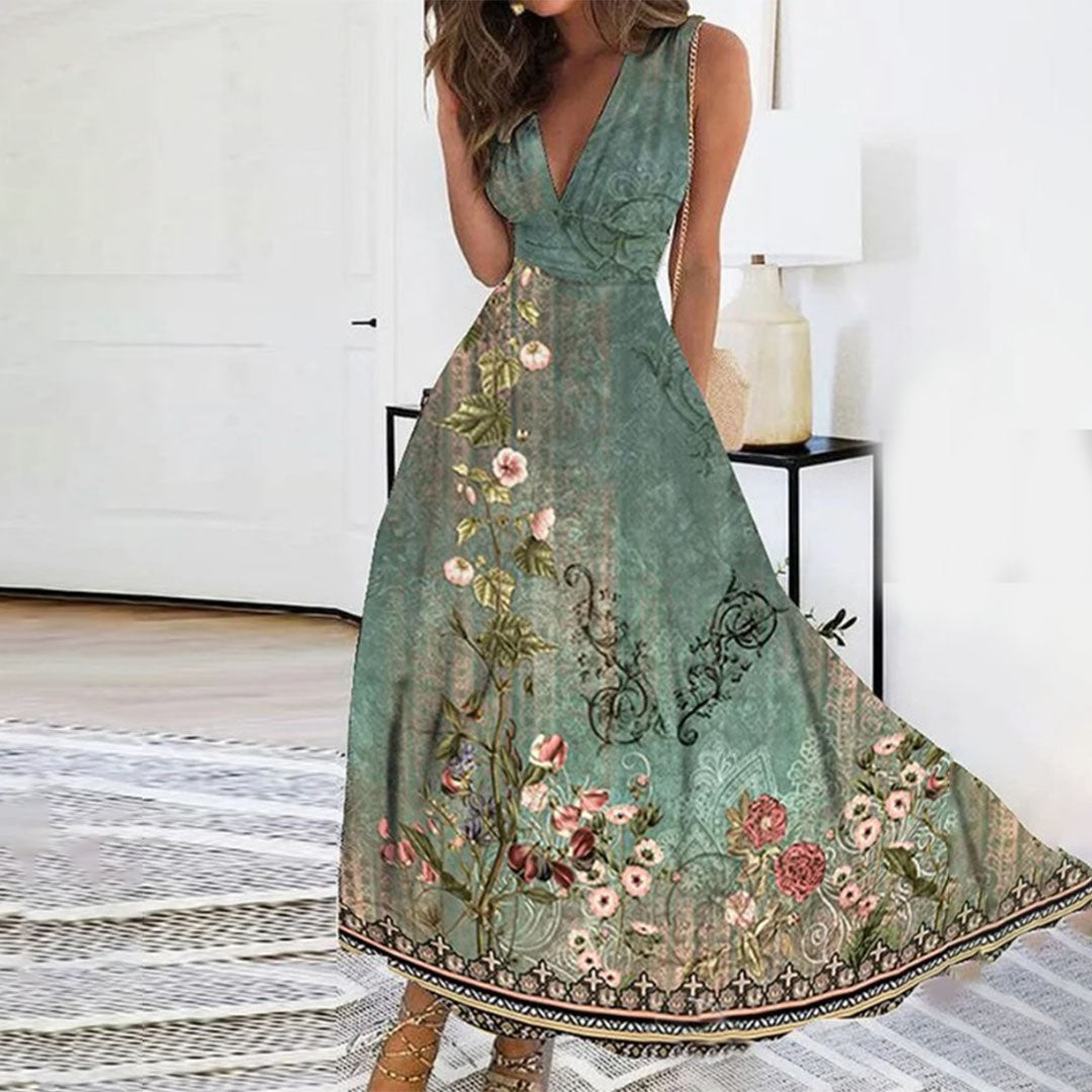 Women’s Maxi Dress – Floral Print – Sleeveless – Deep V-Neck – Breathable Blend – Relaxed Fit