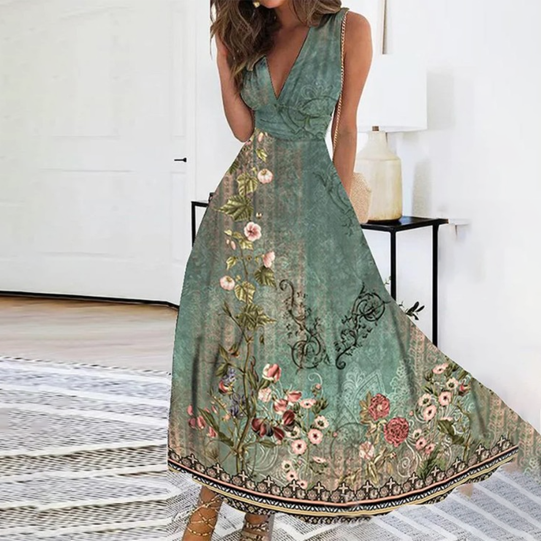 Women's Maxi Dress - Sleeveless Deep V-Neck - Floral Print - Flowy A-Line Silhouette