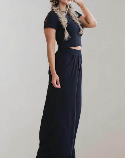 Women's Two-Piece Co-ord Set - Crop Top & High-Waisted Wide-Leg Trousers - Relaxed Fit