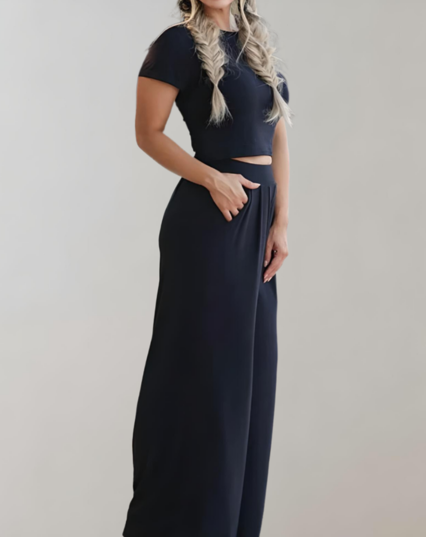 Women's Two-Piece Co-ord Set - Crop Top & High-Waisted Wide-Leg Trousers - Relaxed Fit