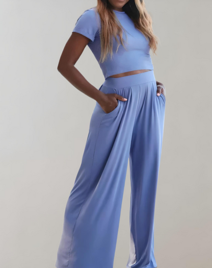 Women's Two-Piece Co-ord Set - Crop Top & High-Waisted Wide-Leg Trousers - Relaxed Fit