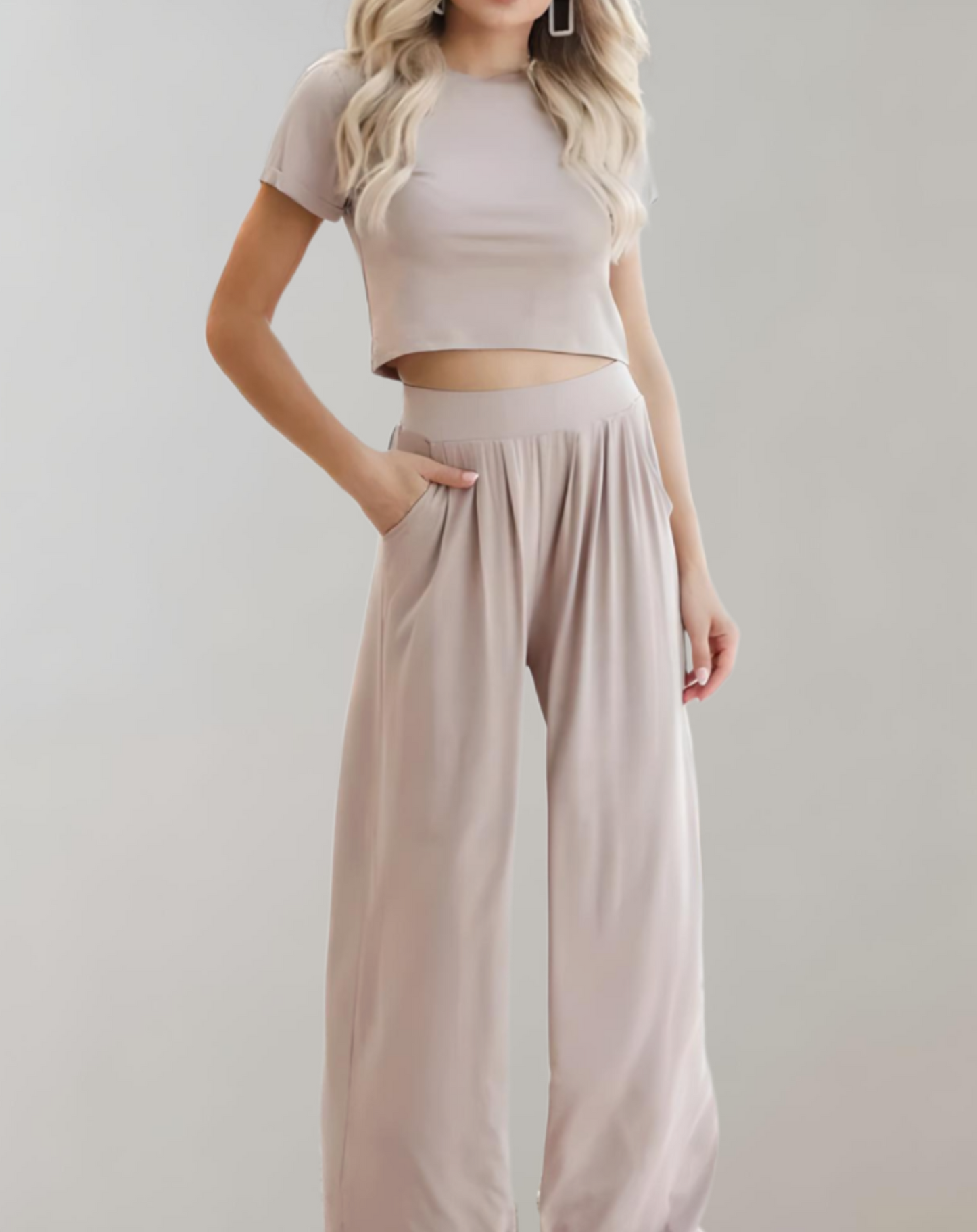 Women's Two-Piece Co-ord Set - Crop Top & High-Waisted Wide-Leg Trousers - Relaxed Fit