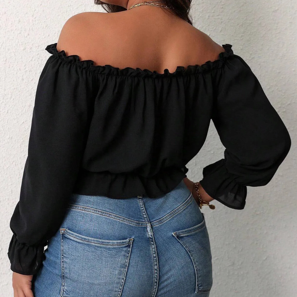 Women's Off-Shoulder Blouse - Ruffled Neckline - Long Puff Sleeves - Lightweight Fit
