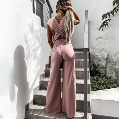 Women's Jumpsuit - Sleeveless V-Neck - Wide-Leg Elegant Fit - Belted Waist