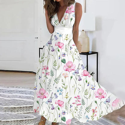 Women’s Maxi Dress – Floral Print – Sleeveless – Deep V-Neck – Breathable Blend – Relaxed Fit