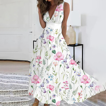 Women's Maxi Dress - Sleeveless Deep V-Neck - Floral Print - Flowy A-Line Silhouette