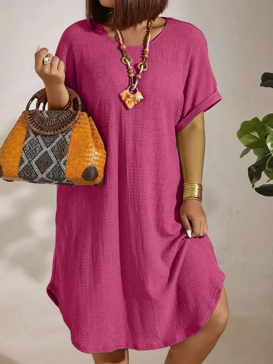 Women's Casual Dress - Loose Fit - Round Neck - Short Sleeve - Lightweight Fabric