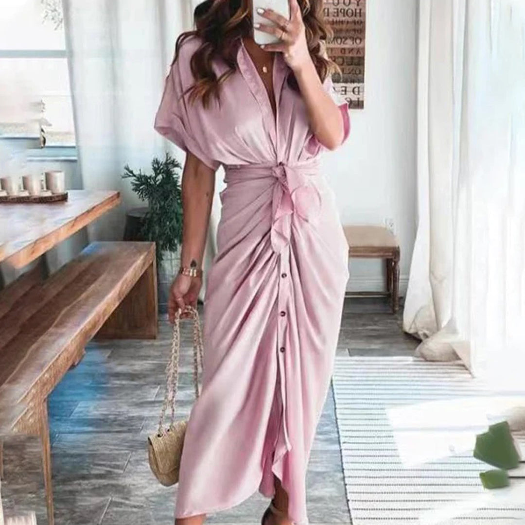 Women's Shirt Dress - Button Down - Waist Tie - Short Sleeve Flowy Midi Length