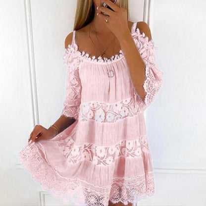 Women’s Off-Shoulder Mini Dress – Lace Detail – Flowy Fit – Breathable Blend – Tiered Layers
