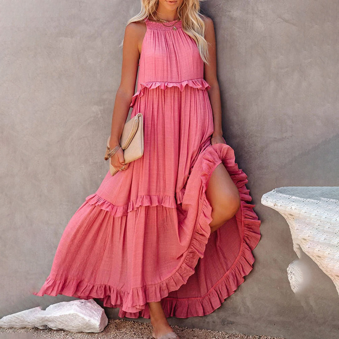 Women's Maxi Dress - Halter Neck - Sleeveless Flowing Fit - Tiered Ruffle Design