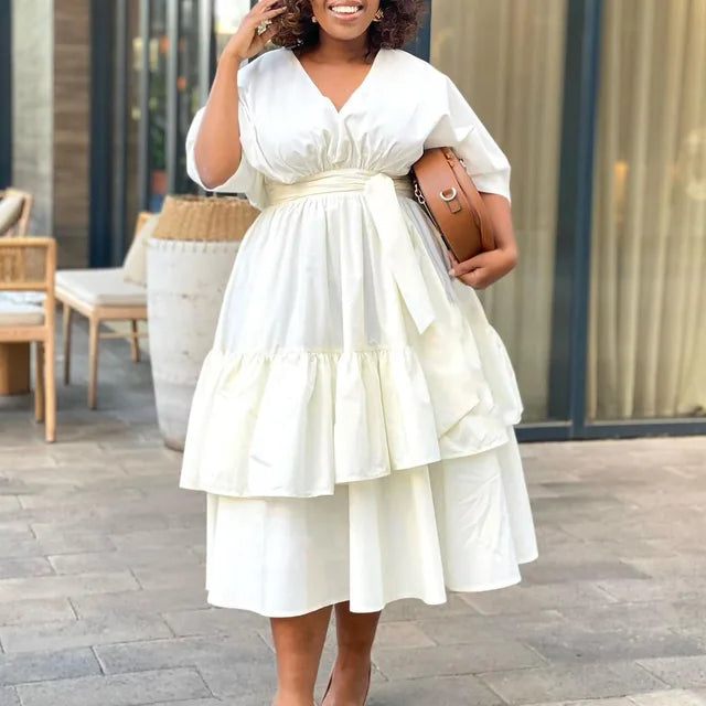 Women's Tiered Midi Dress - V-Neck - Short Sleeve - Cinched Waist - Flowing Fit