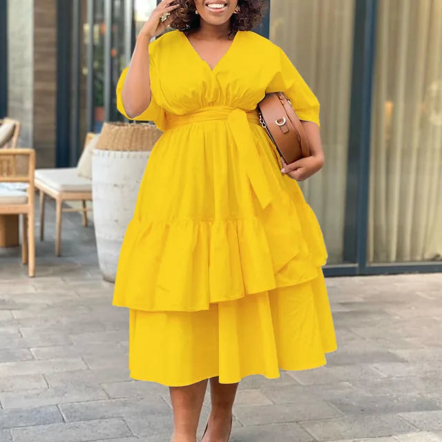 Women's Tiered Midi Dress - V-Neck - Short Sleeve - Cinched Waist - Flowing Fit