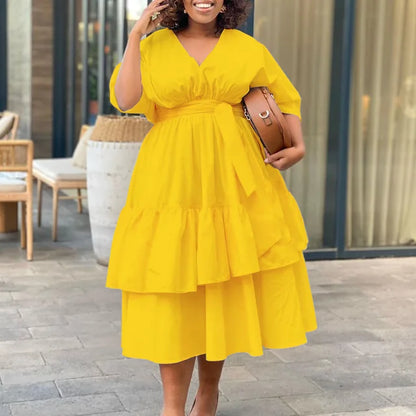 Women's Tiered Midi Dress - V-Neck - Short Sleeve - Cinched Waist - Flowing Fit