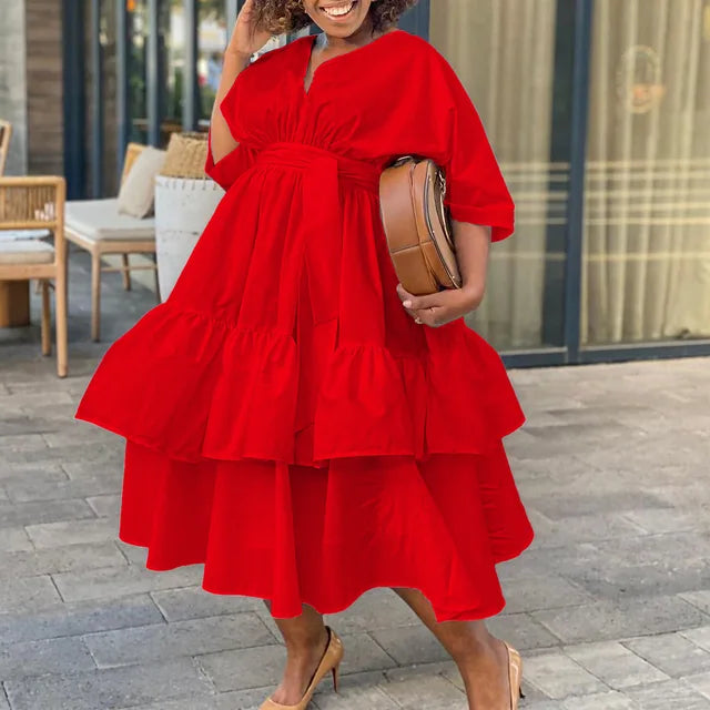 Women's Tiered Midi Dress - V-Neck - Short Sleeve - Cinched Waist - Flowing Fit