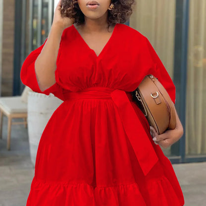Women's Tiered Midi Dress - V-Neck - Short Sleeve - Cinched Waist - Flowing Fit