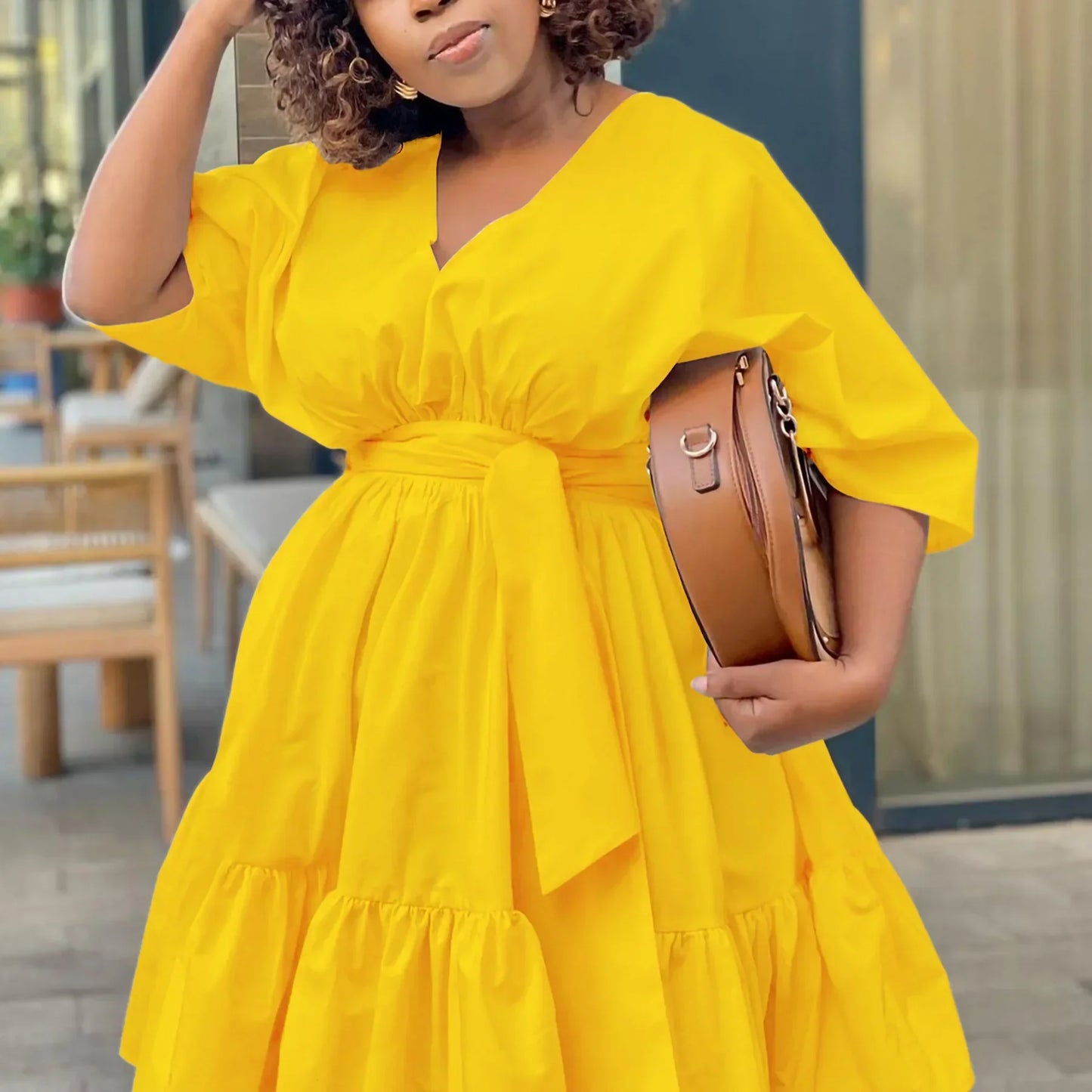 Women's Tiered Midi Dress - V-Neck - Short Sleeve - Cinched Waist - Flowing Fit