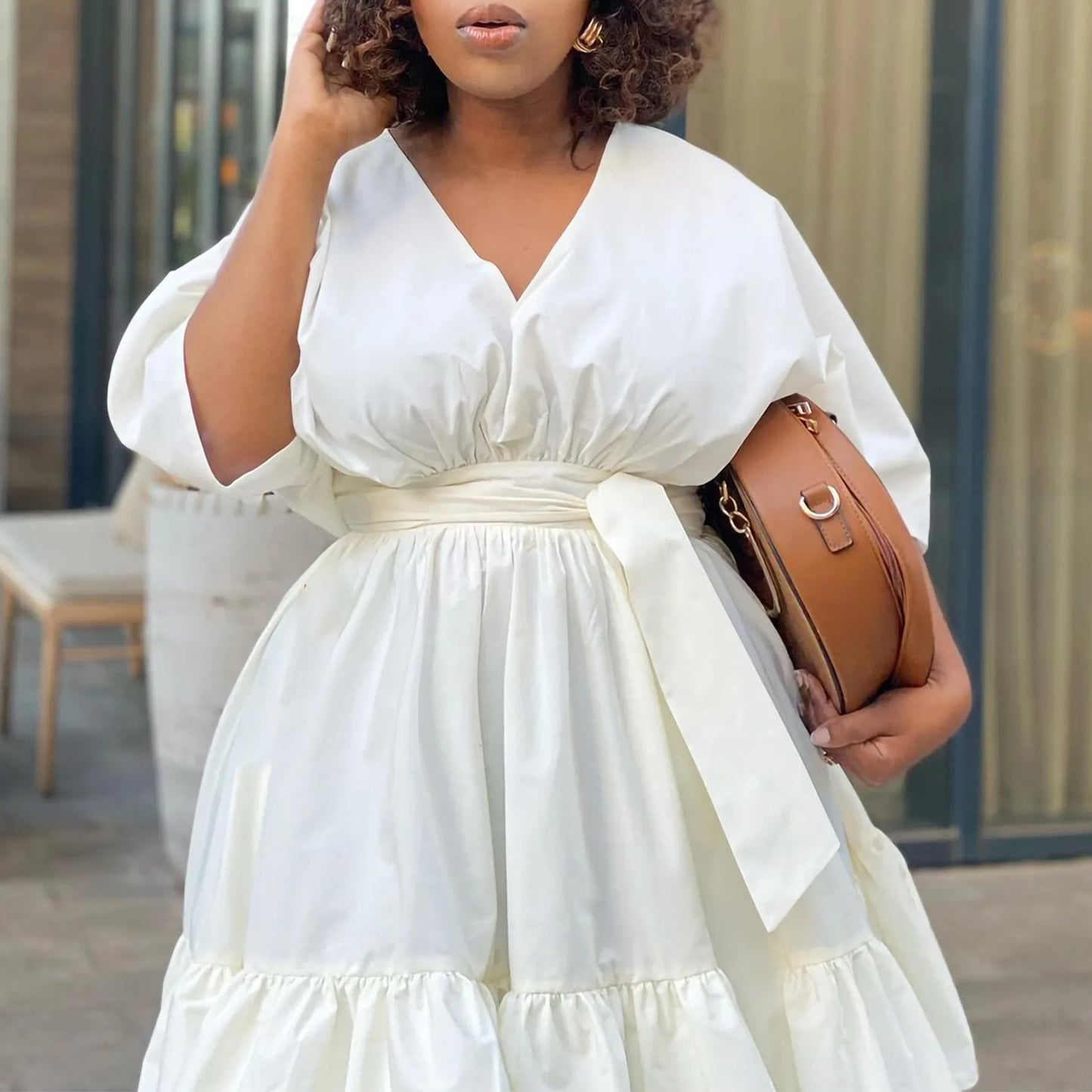 Women's Tiered Midi Dress - V-Neck - Short Sleeve - Cinched Waist - Flowing Fit