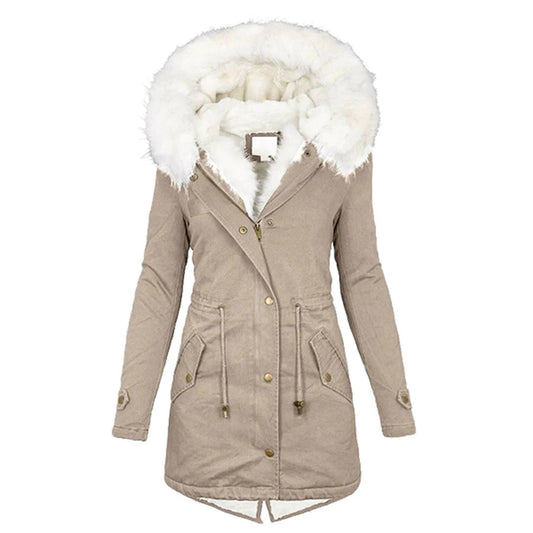 Women's coat with fur hooded soft fleece lining