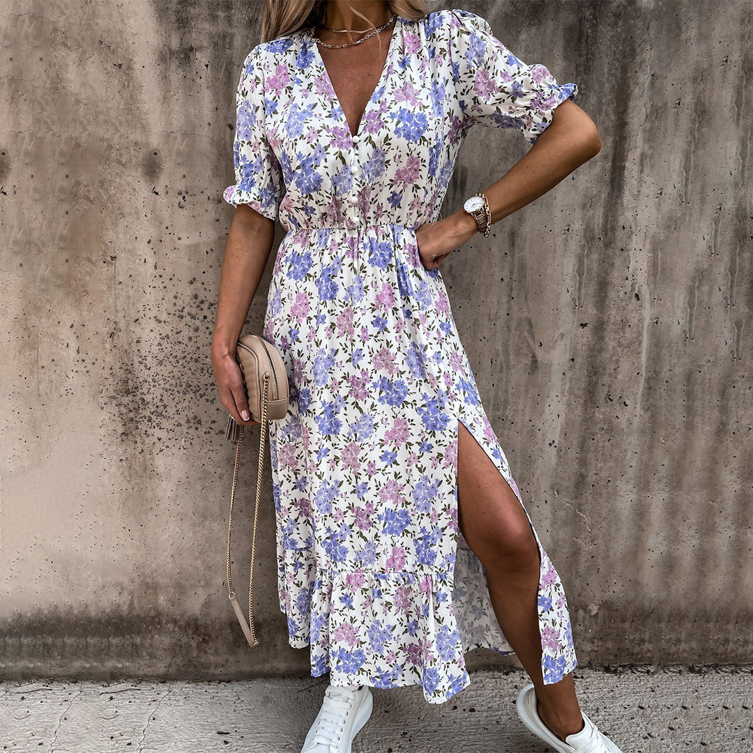 Women's Floral Midi Dress - V-Neck - Puff Short Sleeves - Cinched Waist - Flared Skirt