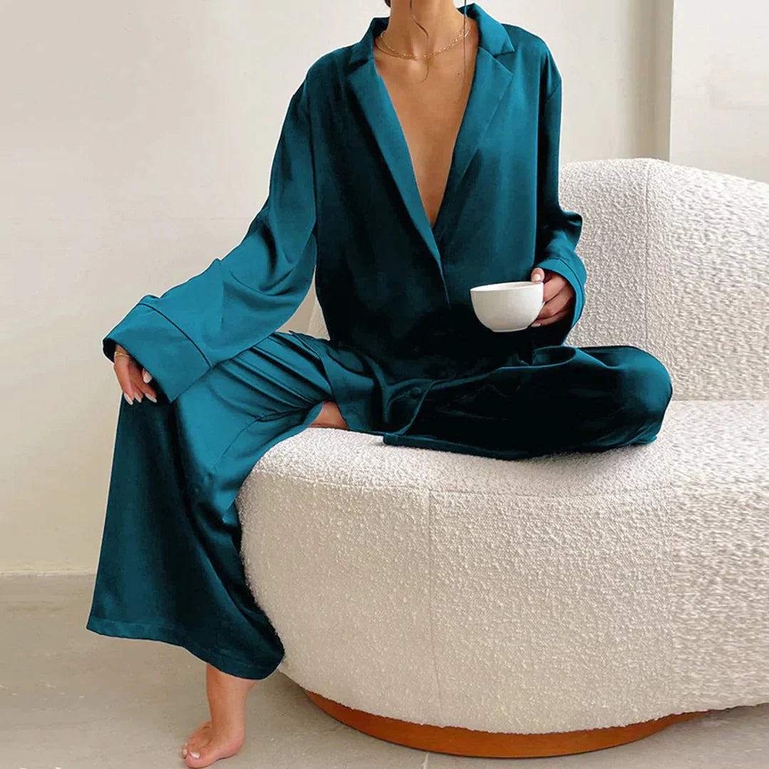 Women's Lounge Set - Button-Up Shirt & Wide-Leg Pants - Soft Notched Collar - Relaxed Fit