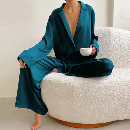 Women's Lounge Set - Button-Up Shirt & Wide-Leg Pants - Soft Notched Collar - Relaxed Fit