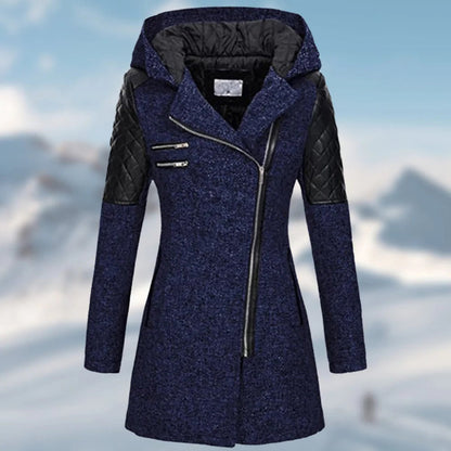 Women’s Wool Coat – Tailored Fit – Quilted Panels – Asymmetrical Zip – Long Length