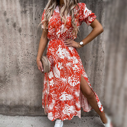 Women's Floral Midi Dress - V-Neck - Puff Short Sleeves - Cinched Waist - Flared Skirt