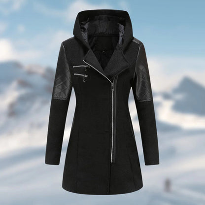 Women’s Wool Coat – Tailored Fit – Quilted Panels – Asymmetrical Zip – Long Length