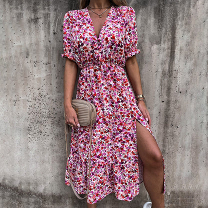 Women's Floral Midi Dress - V-Neck - Puff Short Sleeves - Cinched Waist - Flared Skirt