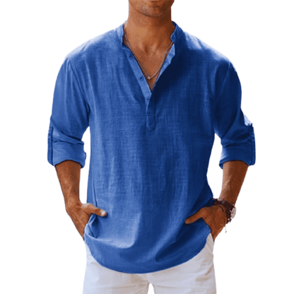 Men’s Henley Shirt - Linen Blend - Long Sleeve - Regular Fit Casual Wear