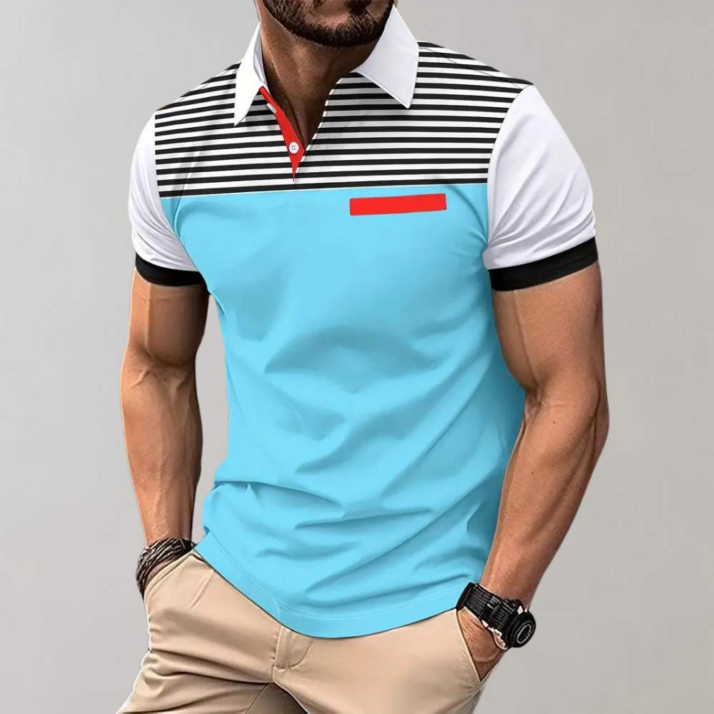 Men’s Polo Shirt – Slim Fit – Breathable Blend – Striped Chest – Contrast Collar