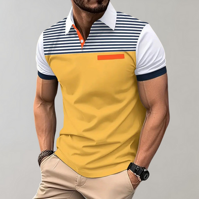 Men’s Polo Shirt – Slim Fit – Breathable Blend – Striped Chest – Contrast Collar