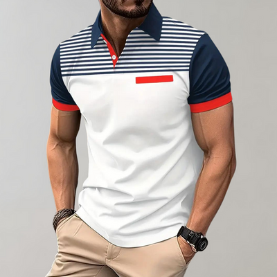 Men’s Polo Shirt – Slim Fit – Breathable Blend – Striped Chest – Contrast Collar