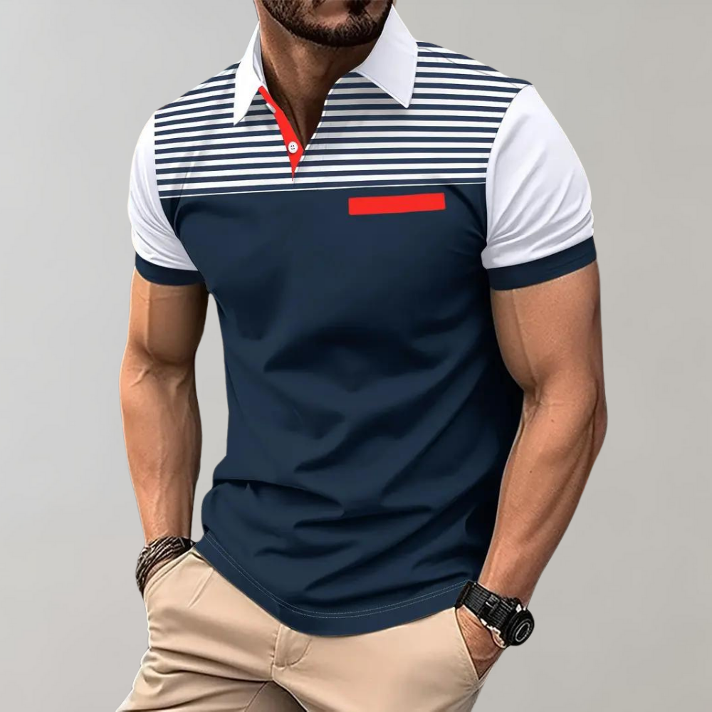 Men’s Polo Shirt – Slim Fit – Breathable Blend – Striped Chest – Contrast Collar