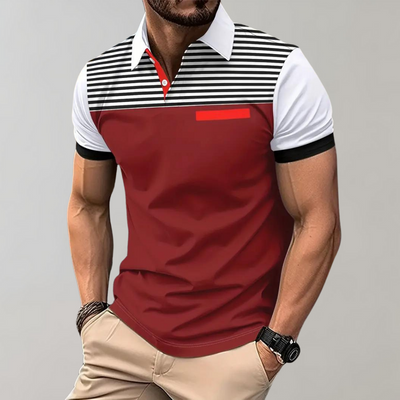 Men’s Polo Shirt – Slim Fit – Breathable Blend – Striped Chest – Contrast Collar
