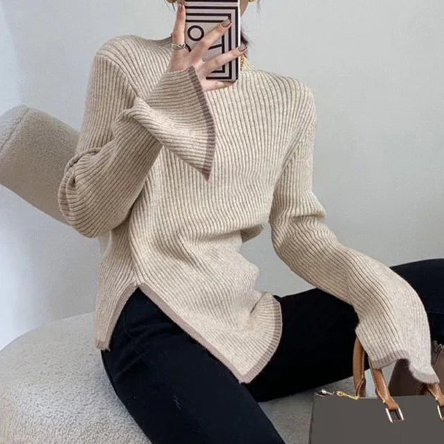 Women's Ribbed Turtleneck Sweater - Knitted Stretch Fabric - Long Flared Sleeves - Asymmetrical Hem