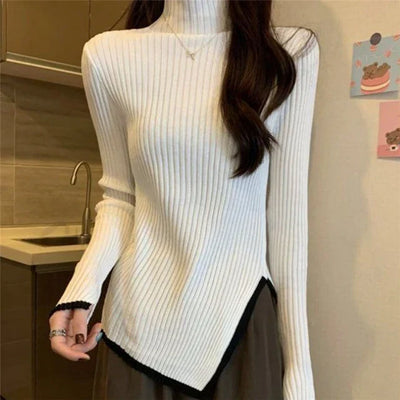 Women's Ribbed Turtleneck Sweater - Knitted Stretch Fabric - Long Flared Sleeves - Asymmetrical Hem