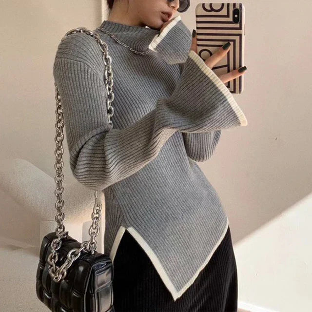 Women's Ribbed Turtleneck Sweater - Knitted Stretch Fabric - Long Flared Sleeves - Asymmetrical Hem
