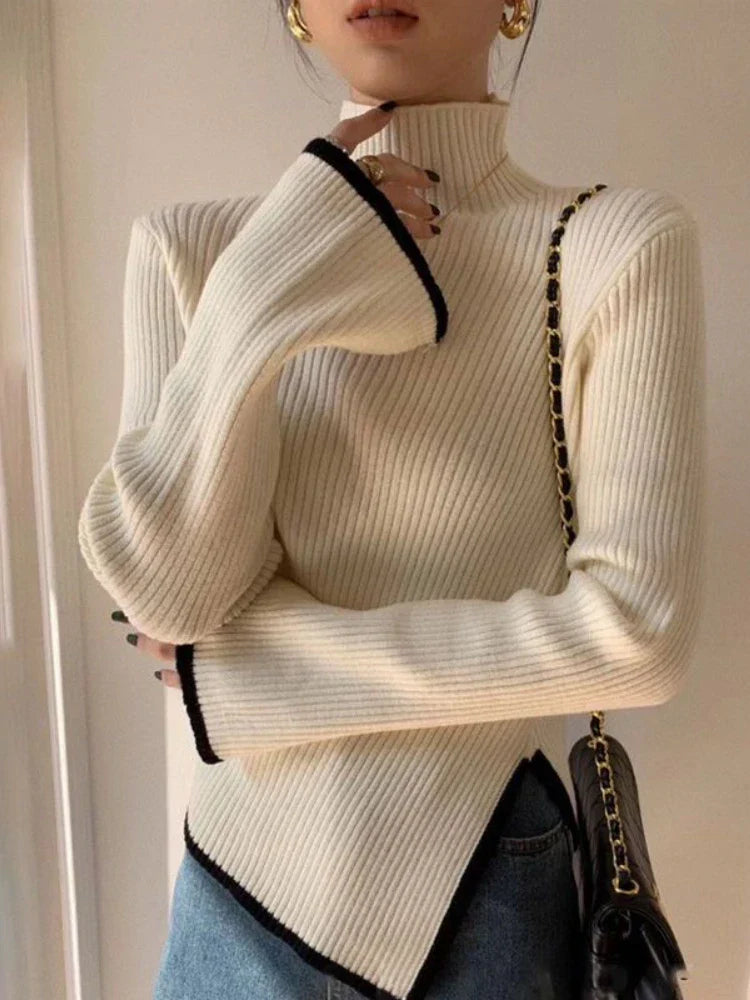 Women's Ribbed Turtleneck Sweater - Knitted Stretch Fabric - Long Flared Sleeves - Asymmetrical Hem