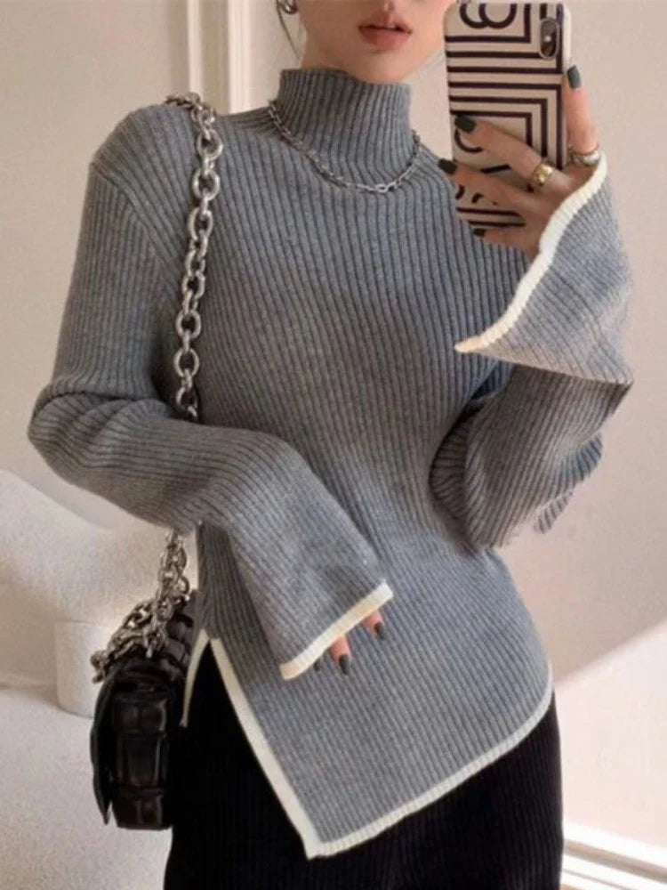 Women's Ribbed Turtleneck Sweater - Knitted Stretch Fabric - Long Flared Sleeves - Asymmetrical Hem