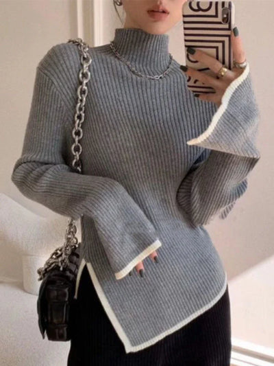 Women's Ribbed Turtleneck Sweater - Knitted Stretch Fabric - Long Flared Sleeves - Asymmetrical Hem