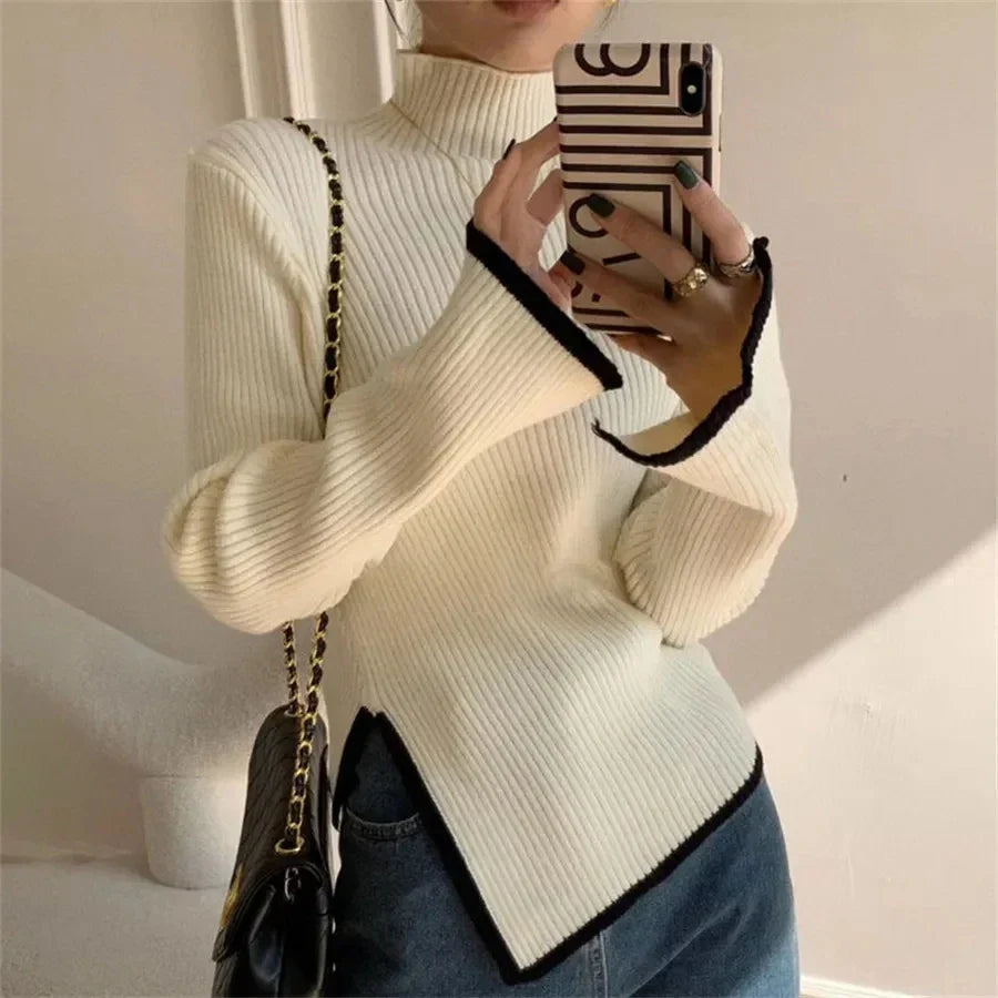 Women's Ribbed Turtleneck Sweater - Knitted Stretch Fabric - Long Flared Sleeves - Asymmetrical Hem