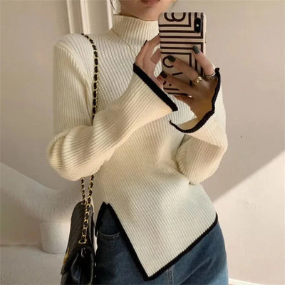 Women's Ribbed Turtleneck Sweater - Knitted Stretch Fabric - Long Flared Sleeves - Asymmetrical Hem