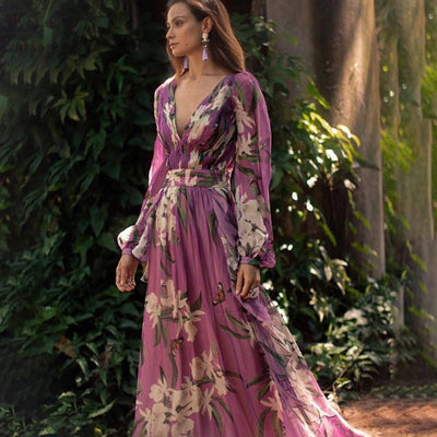 Women’s Maxi Dress – V-Neck – Fitted Waist – Long Sleeve – Lightweight Floral Design