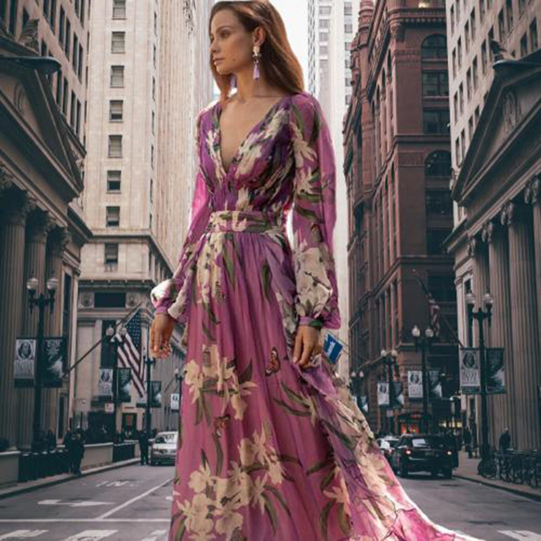 Women’s Maxi Dress – V-Neck – Fitted Waist – Long Sleeve – Lightweight Floral Design