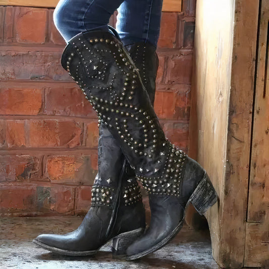 Women’s Knee-High Boots – Distressed Leather – Rivet Detail – Thick Heel – Side Zipper
